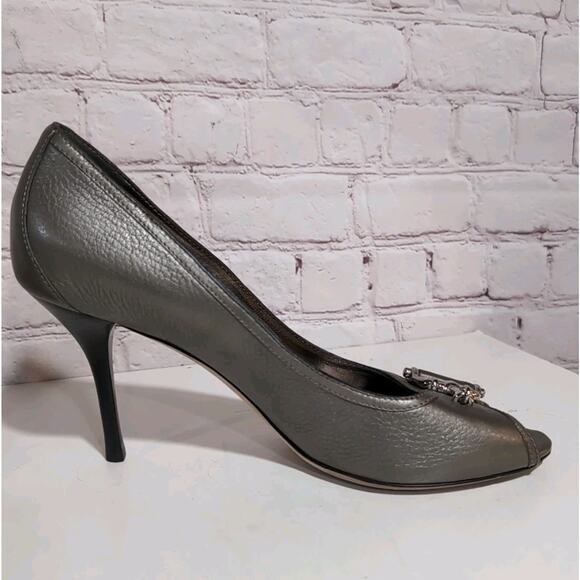 GUCCI CELLARIUS GRAY LEATHER BIT LOGO BUCKLE PEEP TOE PUMPS 40.5 ITALY Dust Bag - Picture 10 of 15